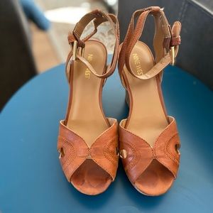 NINE WEST wedge sandals, camel leather, 4” heel.